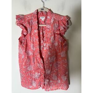 J. Crew Peach Print Flutter Sleeve Button Up V-Neck Shirt Sz S